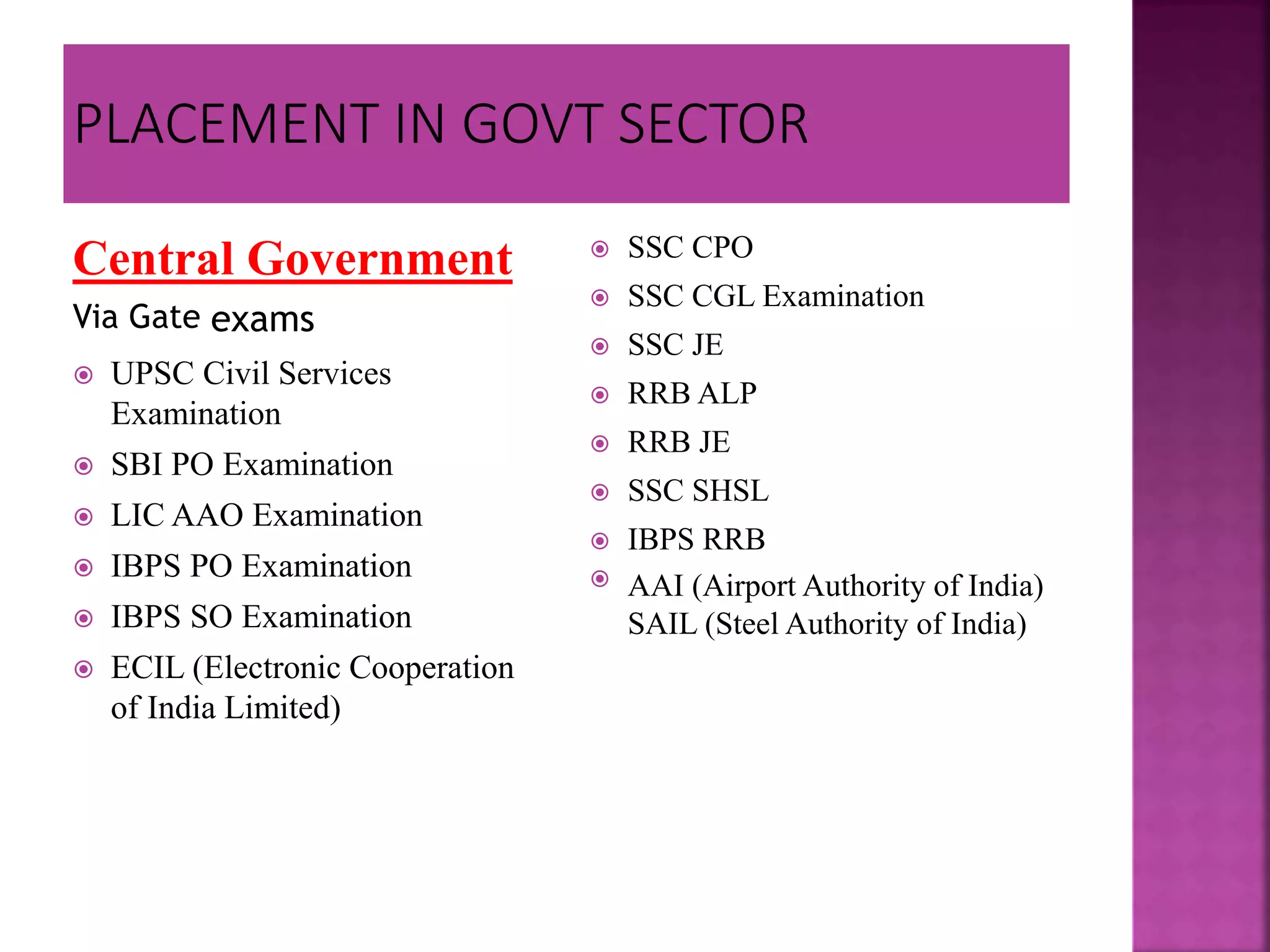 Central Government
Via Gate exams
 UPSC Civil Services
Examination
 SBI PO Examination
 LIC AAO Examination
 IBPS PO Examination
 IBPS SO Examination
 ECIL (Electronic Cooperation
of India Limited)
 SSC CPO
 SSC CGL Examination
 SSC JE
 RRB ALP
 RRB JE
 SSC SHSL
 IBPS RRB
 AAI (Airport Authority of India)
SAIL (Steel Authority of India)
 