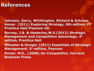 ReferencesReferences
• Johnson, Gerry, Whittington, Richard & Scholes,
Kevan (2011) Exploring Strategy, 9th edition, FT
Prentice Hall/Pearson UK.
• Barney, J.B. & Hesterley,W.S.(2012) Strategic
Management and Competitive Advantage, 4th
edition, Prentice Hall
• Wheelen & Hunger (2011) Essentials of Strategic
Management, 5th
edition, Pearson
• Porter, M.E., (2008) On Competition, Harvard
Business Press.
 