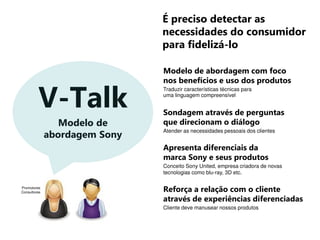 É preciso detectar as
necessidades do consumidor
para fidelizá-lo
V-Talk
Modelo de
abordagem Sony
Modelo de abordagem com foco
nos benefícios e uso dos produtos
Traduzir características técnicas para
uma linguagem compreensível
Sondagem através de perguntas
que direcionam o diálogo
Atender as necessidades pessoais dos clientes
Apresenta diferenciais da
marca Sony e seus produtos
Conceito Sony United, empresa criadora de novas
tecnologias como blu-ray, 3D etc.
Reforça a relação com o cliente
através de experiências diferenciadas
Cliente deve manusear nossos produtos
Promotores
Consultores
 