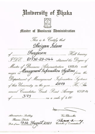 MBA Certificate - University of Dhaka