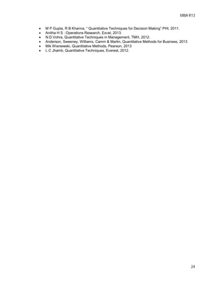 MBA R13
24
 M P Gupta, R B Khanna, “ Quantitative Techniques for Decision Making” PHI, 2011.
 Anitha H S : Operations Research, Excel, 2013.
 N.D.Vohra, Quantitative Techniques in Management, TMH, 2012.
 Anderson, Sweeney, Williams, Camm & Martin, Quantitative Methods for Business, 2013
 Mik Wisniewski, Quantitative Methods, Pearson, 2013
 L C Jhamb, Quantitative Techniques, Everest, 2012.
 