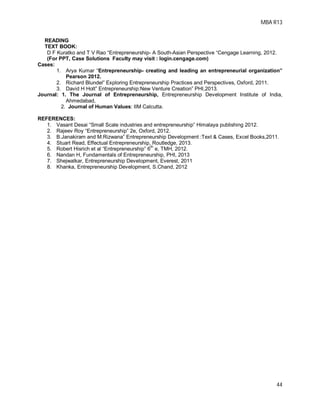 MBA R13
44
READING
TEXT BOOK:
D F Kuratko and T V Rao “Entrepreneurship- A South-Asian Perspective “Cengage Learning, 2012.
(For PPT, Case Solutions Faculty may visit : login.cengage.com)
Cases:
1. Arya Kumar “Entrepreneurship- creating and leading an entrepreneurial organization”
Pearson 2012.
2. Richard Blundel” Exploring Entrepreneurship Practices and Perspectives, Oxford, 2011.
3. David H Holt” Entrepreneurship:New Venture Creation” PHI,2013.
Journal: 1. The Journal of Entrepreneurship, Entrepreneurship Development Institute of India,
Ahmedabad,
2. Journal of Human Values: IIM Calcutta.
REFERENCES:
1. Vasant Desai “Small Scale industries and entrepreneurship” Himalaya publishing 2012.
2. Rajeev Roy “Entrepreneurship” 2e, Oxford, 2012.
3. B.Janakiram and M.Rizwana” Entrepreneurship Development :Text & Cases, Excel Books,2011.
4. Stuart Read, Effectual Entrepreneurship, Routledge, 2013.
5. Robert Hisrich et al “Entrepreneurship” 6
th
e, TMH, 2012.
6. Nandan H, Fundamentals of Entrepreneurship, PHI, 2013
7. Shejwalkar, Entrepreneurship Development, Everest, 2011
8. Khanka, Entrepreneurship Development, S.Chand, 2012
 