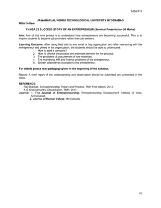 MBA R13
45
JAWAHARLAL NEHRU TECHNOLOGICAL UNIVERSITY HYDERABAD
MBA IV-Sem
13 MBA 23 SUCCESS STORY OF AN ENTREPRENEUR (Seminar Presentation 50 Marks)
Aim: Aim of this mini project is to understand how entrepreneurs are becoming successful. This is to
inspire students to become job providers rather than job seekers.
Learning Outcome: After doing field visit to any small or big organization and after interacting with the
entrepreneur and others in the organization, the students should be able to understand:
1. How to start a company?
2. How to choose the product and estimate demand for the product.
3. The problems of procurement of raw materials.
4. The marketing, HR and finance problems of the entrepreneur.
5. Growth alternatives available to the entrepreneur.
For details please read pedagogy given in the beginning of the syllabus.
Report: A brief report of the understanding and observation should be submitted and presented in the
class.
REFERENCE:
Raj Shankar, Entrepreneurship Theory and Practice, TMH First edition, 2012.
A G Krishnamurthy, Dhirubhaism, TMH, 2011.
Journal: 1. The Journal of Entrepreneurship, Entrepreneurship Development Institute of India,
Ahmedabad.
2. Journal of Human Values: IIM Calcutta.
 