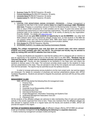 MBA R13
5
4. Business Today Rs 780.00 Frequency: 26 yearly.
5. Fortune International Rs 2834.00 Frequency: 26 yearly.
6. University News Rs 950.00 Frequency: 52 yearly.
7. Capital market Rs 1300.00 Frequency: 26 yearly.
DATA BASES
1. CENTRE FOR MONITORING INDIAN ECONOMY, PROWESS. : College management is
requested to note that in the current syllabus there is a need to purchase CMIE PROWESS
data base. Prowess is a proprietary service of Centre for Monitoring Indian Economy. This gives
data on about 27000 companies for 4,200 variables and for about 10 years time series data to
understand the performance of various business organizations. This will be useful to enhance the
analytical skills of the students and enable them to be worthy of placing by any organization.
Price Rs.105000/-. For details visit www.cmie.com
Colleges should also give MBA students an opportunity to use GLOBERINA / any other Soft
Skills software which many engineering colleges already have, so that students in the MBA lab
can practice written and oral communication skills. MBA stand alone colleges should procure
GLOBERINA or any other software for enhancing communication abilities.
2. R.B.I Bulletin Rs 2750.00 Frequency: Monthly.
3. ECONOMIC SURVEY: For details visit Planning Commission Website.
FUNDS: The college managements may note that there are several major and minor research
projects and funds available with UGC and AICTE. The principal and faculty may be advised to
apply by visiting UGC and AICTE websites from time to time.
Faculty and Students are requested to note that the syllabus 2013 is designed with an intention to
give an opportunity to the students to focus on the job they want to do after MBA. “Students may be
informed that taking of short cuts to complete seminars and project may lead to hardships in the
short and long run”. Faculty are also requested to be facilitators in the class room and inspire the
students to discuss cases in the class. The curriculum provides ample scope for the students to make
seminar presentations in the class. They are advised to note all the mini projects and work continuously
from the first semester. The reports may be submitted as per the syllabus structure.
In order to increase seriousness among students to do the main project work, two seminar papers
are introduced. For details for evaluation of practicals and seminar presentations please refer JNTUH
Academic Regulations.. Students are advised to integrate the practicals, seminars with the job they prefer
after MBA.
MANAGEMENT CLUBS
SMS, JNTUH has started the following Nine (9) management clubs:
1. Finance Club
2. Marketing Club,
3. HR Club
4. Corporate Social Responsibility (CSR) club
5. Entrepreneruship Club
6. International Business Club
7. Project Management, Information Technology and Systems Club
8. Hyderabad Management Association Club and
9. Placement Club
All the students of the affiliated colleges are welcome to take membership (free of cost) and participate
actively in the events organized from time to time. These club members from the affiliated colleges are
also advised to organize events on a regular basis and the faculty and students of SMS, JNTUH will
provide full support in this regard.
SETTING UP BUSINESS MANAGEMENT LAB: All affiliated colleges offering JNTUH MBA are advised
to set up a business management lab by displaying the following in a separate classroom:
1. Charts mentioning management concepts models and figures
 