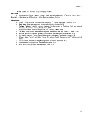 MBA R13
55
Case: Godrej and Boyee’s. (Suja Nair page no 466)
Text book
 Piyush Kumar Sinha, Dwarika Prasad Uniyal, Managing Retailing, 2nd
Edition, Oxford, 2012.
Journals : Indian Journal of Marketing, MICA Communications Review.
References:
 Lusch, Dunne, Carver, Introduction to Retailing, 7
th
Edition, Cengage Learning, 2013.
 Suja Nair, Retail Management, Himalaya Publication House, 2012.
 Aditya Prakash Tripathi, Noopur Agrawal, Fundamentals of Retailing (text and cases),
Himalaya Publication House, First Edition, 2009.
 Swapna Pradhan, Retail Management-Text & Cases, TMH, 2013.
 Dr. Harjit Singh, Retail Management a global perspective text and cases, S.Chand, 2011.
 Michael levy, Barton Weits, Ajay Pundit, Retailing Management, McGraw-Hill, 2011.
 Arif sheikh, Kaneez Fatima, Retail Management, Himalaya Publication House-2012.
 Chetan Bajaj, Rajnish tuli, Nidhi Varma ,Srivastava, Retail Management, 2
nd
edition, oxford,
2012.
 David Gilbert, Retail Marketing Management, 2nd
edtion, Pearson, 2013
 Shridhar Bhat, Supply Chain Management, HPH, 2012
 Amit Sinha, Supply Chain Management, TMH, 2012
 