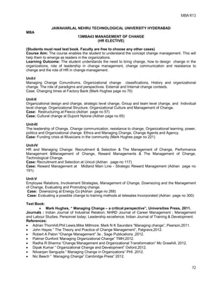 MBA R13
72
JAWAHARLAL NEHRU TECHNOLOGICAL UNIVERSITY HYDERABAD
MBA
13MBA43 MANAGEMENT OF CHANGE
(HR ELECTIVE)
(Students must read text book. Faculty are free to choose any other cases)
Course Aim: The course enables the student to understand the concept change management. This will
help them to emerge as leaders in the organizations.
Learning Outcome: The student understands the need to bring change, how to design change in the
organizations, role of leadership in change management, change communication and resistance to
change and the role of HR in change management.
Unit-I
Managing Change Conundrums, Organizational change classifications, History and organizational
change. The role of paradigms and perspectives. External and Internal change contexts.
Case: Changing times at Factory Bank (Mark Hughes page no 70)
Unit-II
Organizational design and change, strategic level change, Group and team level change, and Individual
level change. Organizational Structure. Organizational Culture and Management of Change.
Case: Restructuring at Flexco (Adrian page no 57)
Case: Cultural change at Dupont Nylone (Adrian page no 65)
Unit-III
The leadership of Change, Change communication, resistance to change, Organizational learning, power,
politics and Organizational change. Ethics and Managing Change, Change Agents and Agency.
Case: Funding crisis at Musicians in the community (Mark Hughes page no 221)
Unit-IV
HR and Managing Change: Recruitment & Selection & The Management of Change, Performance
Management &Management of Change, Reward Managements & The Management of Change,
Technological Change.
Case: Recruitment and Selection at Unicol (Adrian page no 117)
Case: Reward Management at Midland Main Line - Strategic Reward Management (Adrian page no
191).
Unit-V
Employee Relations, Involvement Strategies, Management of Change, Downsizing and the Management
of Change, Evaluating and Promoting change.
Case: Downsizing at Energy Co (Adrian page no 268)
Case: Evaluating a possible change to training methods at telesales Incorporated (Adrian page no 300)
Text Book:
 Mark Hughes, “ Managing Change – a critical perspective”, Universities Press, 2011.
Journals : Indian Journal of Industrial Relation; NHRD Journal of Career Management ; Management
and Labour Studies; Personnel today; Leadership excellence; Indian Journal of Training & Development.
References:
 Adrian Thornhill,Phil Lewis,Mike Millmore. Mark N K Saunders “Managing change”, Pearson,2011.
 John Hayes “ The Theory and Practice of Change Management”, Palgrave,2012.
 Robert A Paton “Change Management” 3e , Sage Publications ,2012.
 Palmer Dunford ‘Managing Organizational Change” TMH,2012.
 Radha R Sharma “Change Management and Organizational Transformation” Mc Grawhill, 2012.
 Dipak Kumar “ Organizational Change and Development” Oxford,2012.
 Niloanjan Sengupta “ Managing Change in Organizations” PHI ,2012.
 Nic Beech “ Managing Change” Cambridge Press” 2012.
 