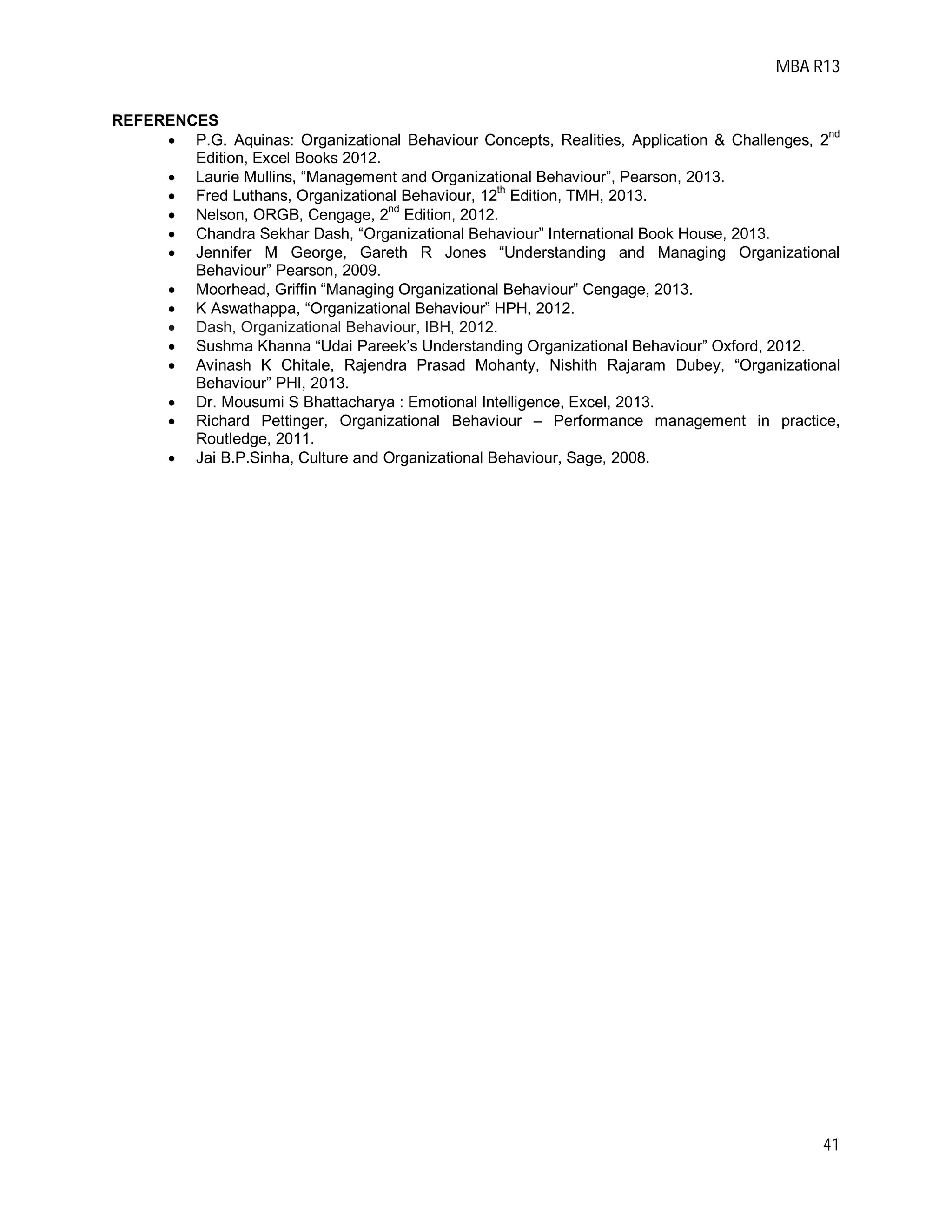 MBA R13
41
REFERENCES
 P.G. Aquinas: Organizational Behaviour Concepts, Realities, Application & Challenges, 2
nd
Edition, Excel Books 2012.
 Laurie Mullins, “Management and Organizational Behaviour”, Pearson, 2013.
 Fred Luthans, Organizational Behaviour, 12th
Edition, TMH, 2013.
 Nelson, ORGB, Cengage, 2
nd
Edition, 2012.
 Chandra Sekhar Dash, “Organizational Behaviour” International Book House, 2013.
 Jennifer M George, Gareth R Jones “Understanding and Managing Organizational
Behaviour” Pearson, 2009.
 Moorhead, Griffin “Managing Organizational Behaviour” Cengage, 2013.
 K Aswathappa, “Organizational Behaviour” HPH, 2012.
 Dash, Organizational Behaviour, IBH, 2012.
 Sushma Khanna “Udai Pareek’s Understanding Organizational Behaviour” Oxford, 2012.
 Avinash K Chitale, Rajendra Prasad Mohanty, Nishith Rajaram Dubey, “Organizational
Behaviour” PHI, 2013.
 Dr. Mousumi S Bhattacharya : Emotional Intelligence, Excel, 2013.
 Richard Pettinger, Organizational Behaviour – Performance management in practice,
Routledge, 2011.
 Jai B.P.Sinha, Culture and Organizational Behaviour, Sage, 2008.
 