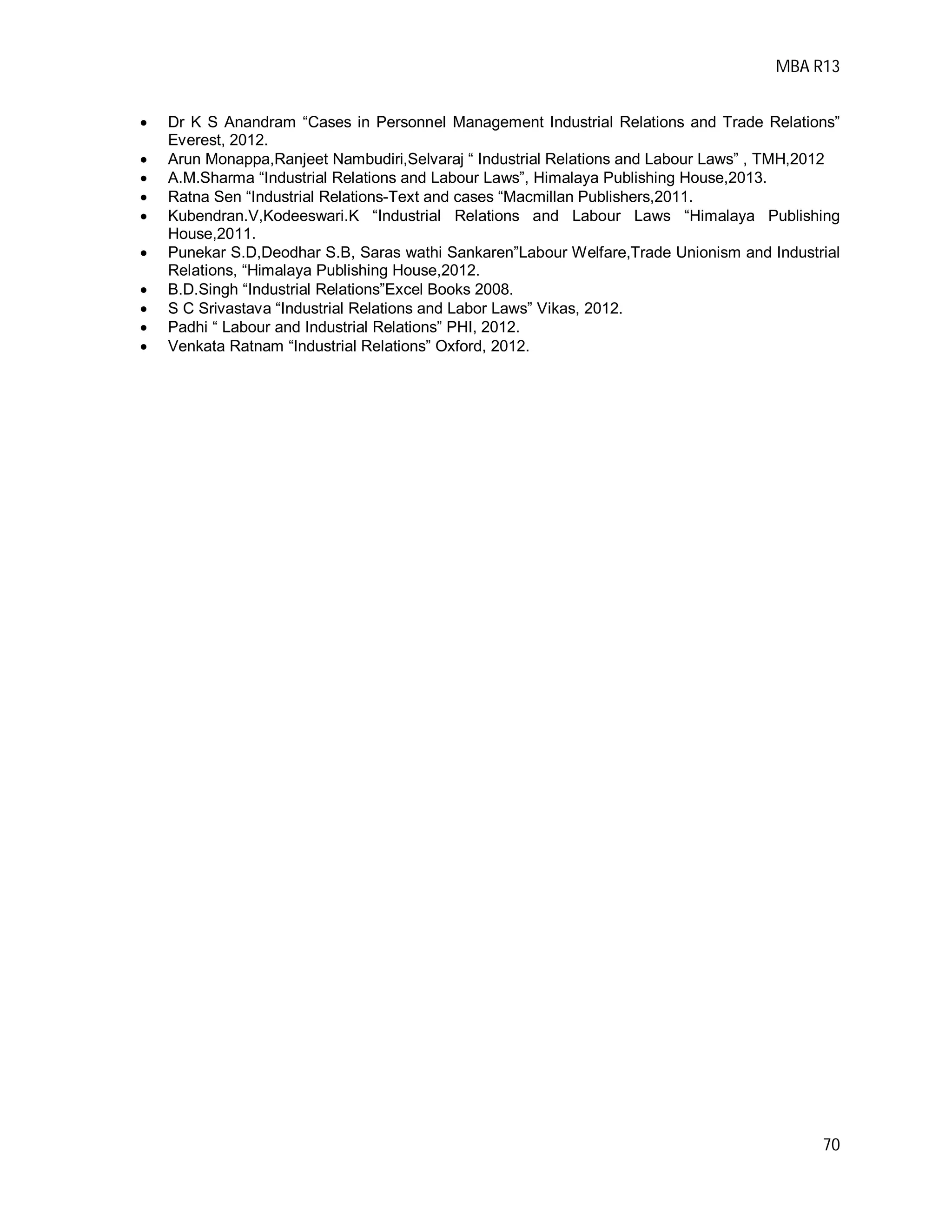 MBA R13
70
 Dr K S Anandram “Cases in Personnel Management Industrial Relations and Trade Relations”
Everest, 2012.
 Arun Monappa,Ranjeet Nambudiri,Selvaraj “ Industrial Relations and Labour Laws” , TMH,2012
 A.M.Sharma “Industrial Relations and Labour Laws”, Himalaya Publishing House,2013.
 Ratna Sen “Industrial Relations-Text and cases “Macmillan Publishers,2011.
 Kubendran.V,Kodeeswari.K “Industrial Relations and Labour Laws “Himalaya Publishing
House,2011.
 Punekar S.D,Deodhar S.B, Saras wathi Sankaren”Labour Welfare,Trade Unionism and Industrial
Relations, “Himalaya Publishing House,2012.
 B.D.Singh “Industrial Relations”Excel Books 2008.
 S C Srivastava “Industrial Relations and Labor Laws” Vikas, 2012.
 Padhi “ Labour and Industrial Relations” PHI, 2012.
 Venkata Ratnam “Industrial Relations” Oxford, 2012.
 