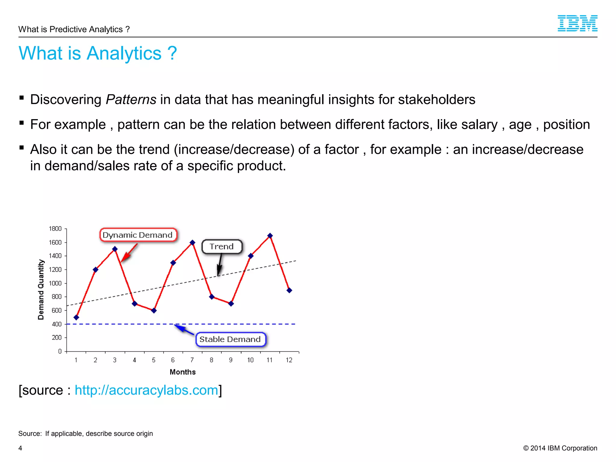 © 2014 IBM Corporation4
What is Analytics ?
 Discovering Patterns in data that has meaningful insights for stakeholders
 For example , pattern can be the relation between different factors, like salary , age , position
 Also it can be the trend (increase/decrease) of a factor , for example : an increase/decrease
in demand/sales rate of a specific product.
[source : http://accuracylabs.com]
What is Predictive Analytics ?
Source: If applicable, describe source origin
 