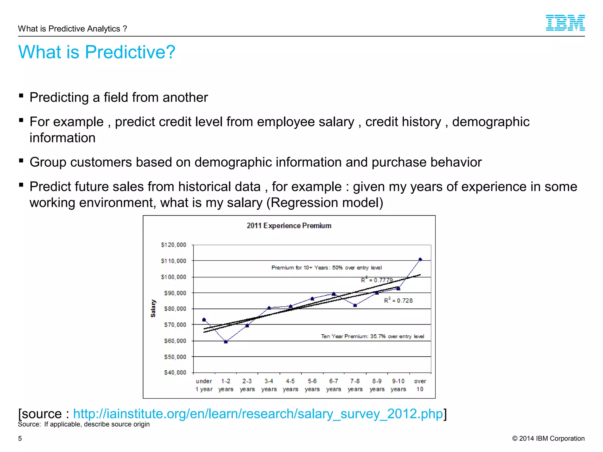 © 2014 IBM Corporation5
What is Predictive?
 Predicting a field from another
 For example , predict credit level from employee salary , credit history , demographic
information
 Group customers based on demographic information and purchase behavior
 Predict future sales from historical data , for example : given my years of experience in some
working environment, what is my salary (Regression model)
[source : http://iainstitute.org/en/learn/research/salary_survey_2012.php]
What is Predictive Analytics ?
Source: If applicable, describe source origin
 