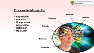 Proceso de información:
• Exposición
• Atención
• Comprensión
• Aceptación
• Retención
• MEMORIA
Estímulos
Estímulos
Estímulos
Estímulos
Estímulos
Estímulos
 
