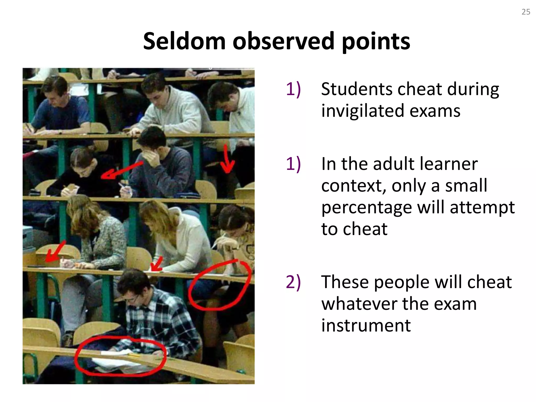 1) Students cheat during
invigilated exams
1) In the adult learner
context, only a small
percentage will attempt
to cheat
2) These people will cheat
whatever the exam
instrument
Seldom observed points
25
 