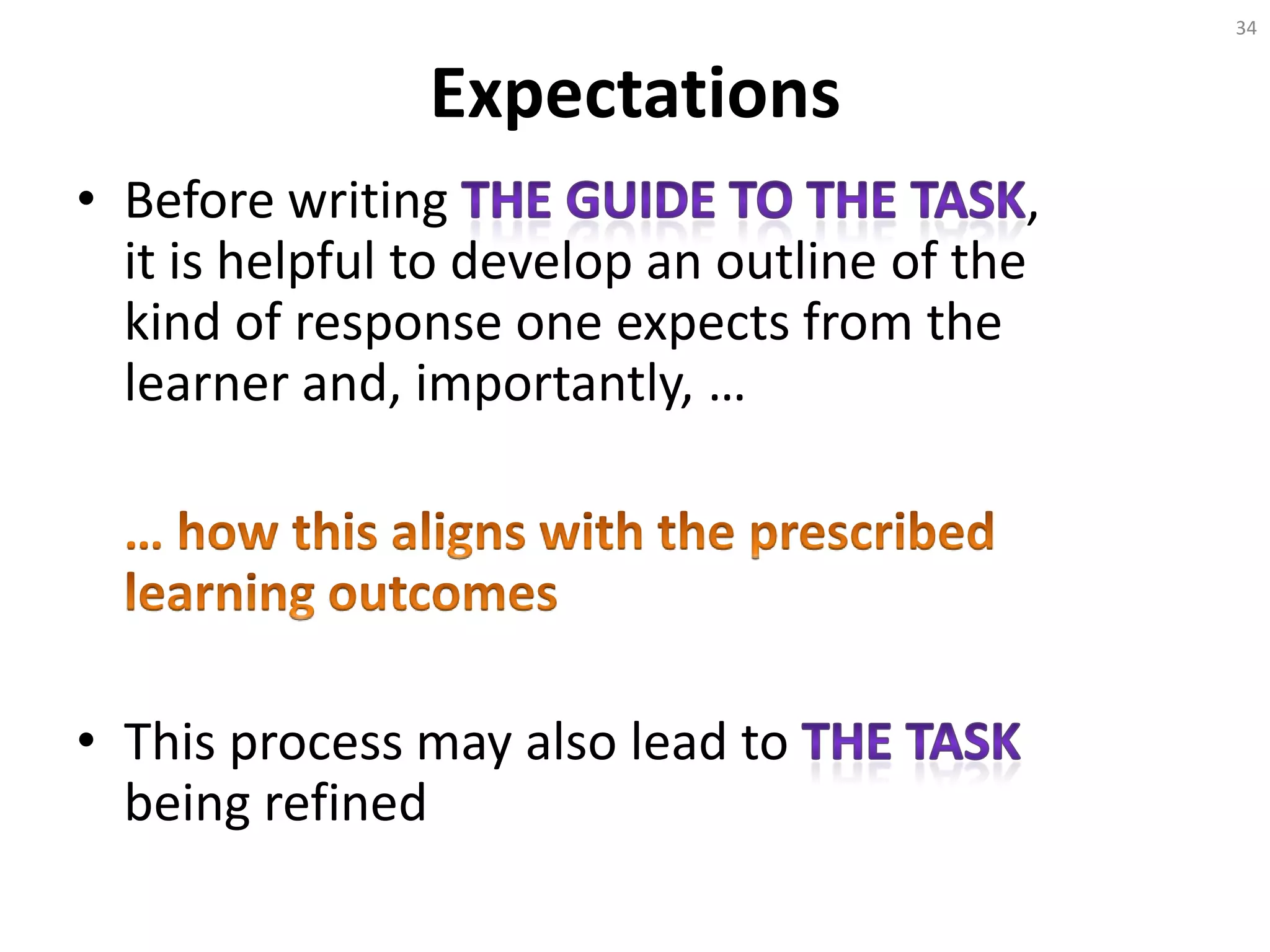 Expectations
• Before writing ,
it is helpful to develop an outline of the
kind of response one expects from the
learner and, importantly, …
• This process may also lead to
being refined
34
 