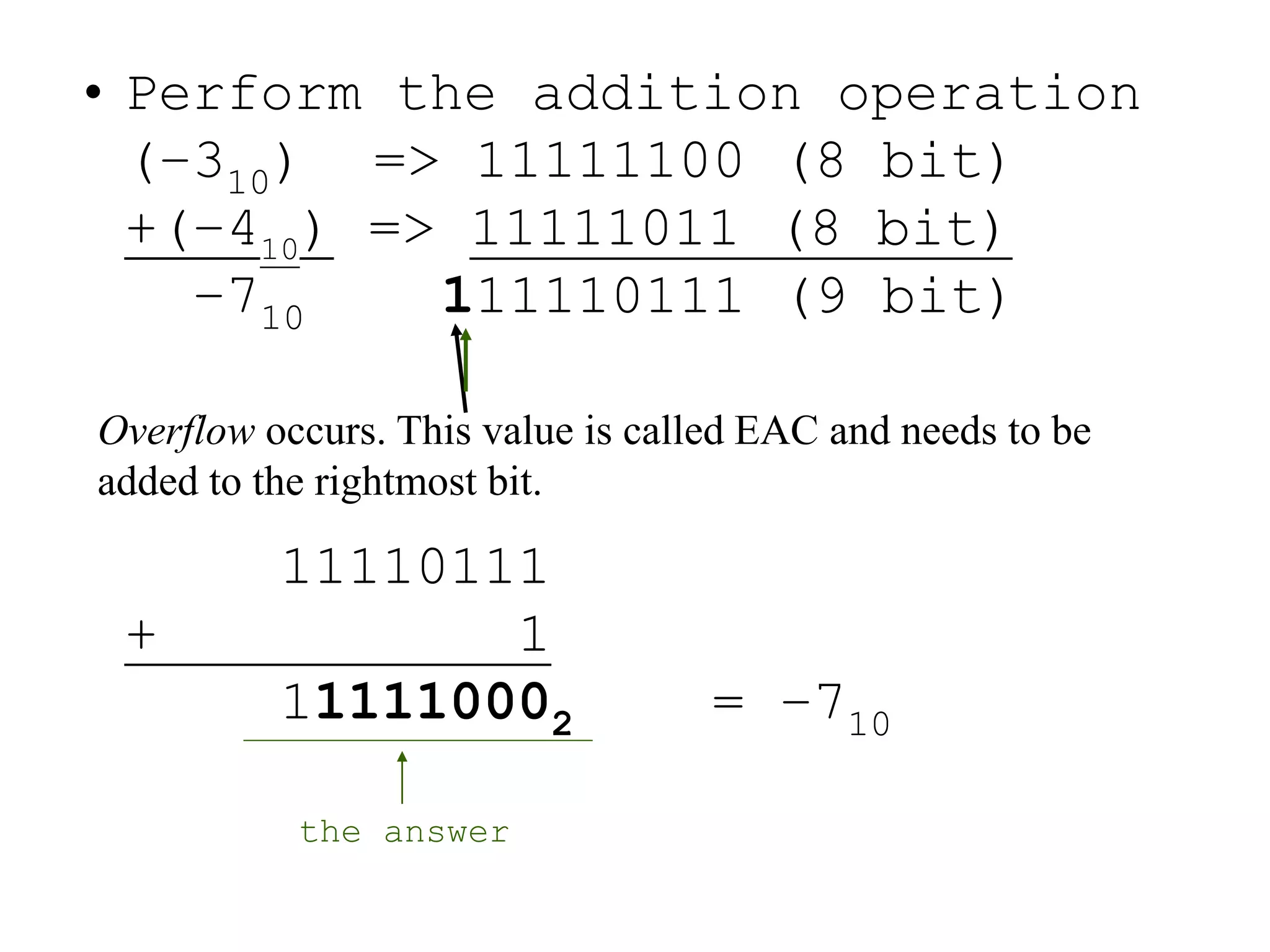 • Perform the addition operation 
(–310) => 11111100 (8 bit) 
+(–410) => 11111011 (8 bit) 
–710 111110111 (9 bit) 
Overflow occurs. This value is called EAC and needs to be 
added to the rightmost bit. 
11110111 
+ 1 
111110002 = –710 
the answer 
 