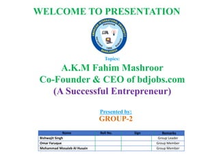 WELCOME TO PRESENTATION
Topics:
A.K.M Fahim Mashroor
Co-Founder & CEO of bdjobs.com
(A Successful Entrepreneur)
Presented by:
GROUP-2
Name Roll No. Sign Remarks
Bishwajit Singh Group Leader
Omar Faruque Group Member
Mohammad Mosaieb Al Husain Group Member
 