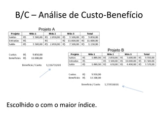 B/C – Análise de Custo-Benefício Escolhido o com o maior índice. Projeto A Projeto B 