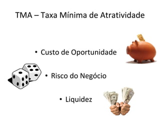 TMA – Taxa Mínima de Atratividade Custo de Oportunidade Risco do Negócio Liquidez 