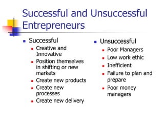 Successful and Unsuccessful
Entrepreneurs
 Successful
 Creative and
Innovative
 Position themselves
in shifting or new
markets
 Create new products
 Create new
processes
 Create new delivery
 Unsuccessful
 Poor Managers
 Low work ethic
 Inefficient
 Failure to plan and
prepare
 Poor money
managers
 