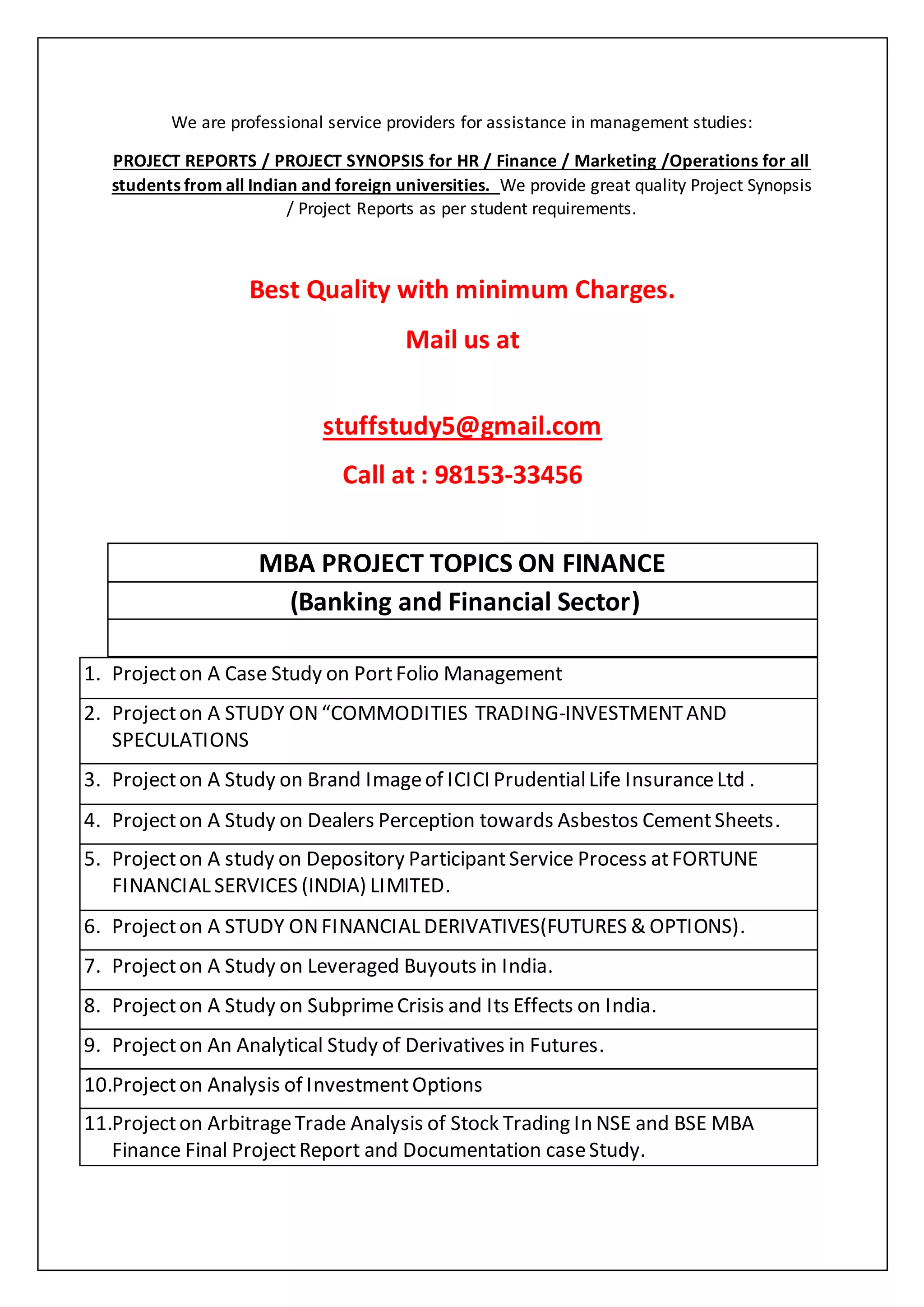 Mba finance project topics | DOCX