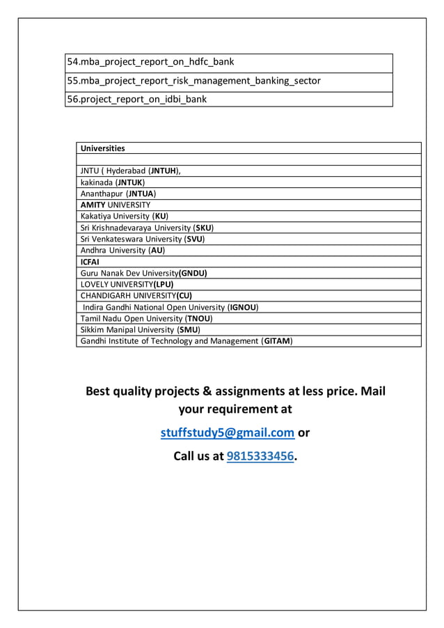 Topics For Project Report In Mba Finance Mba finance project reports | PDF