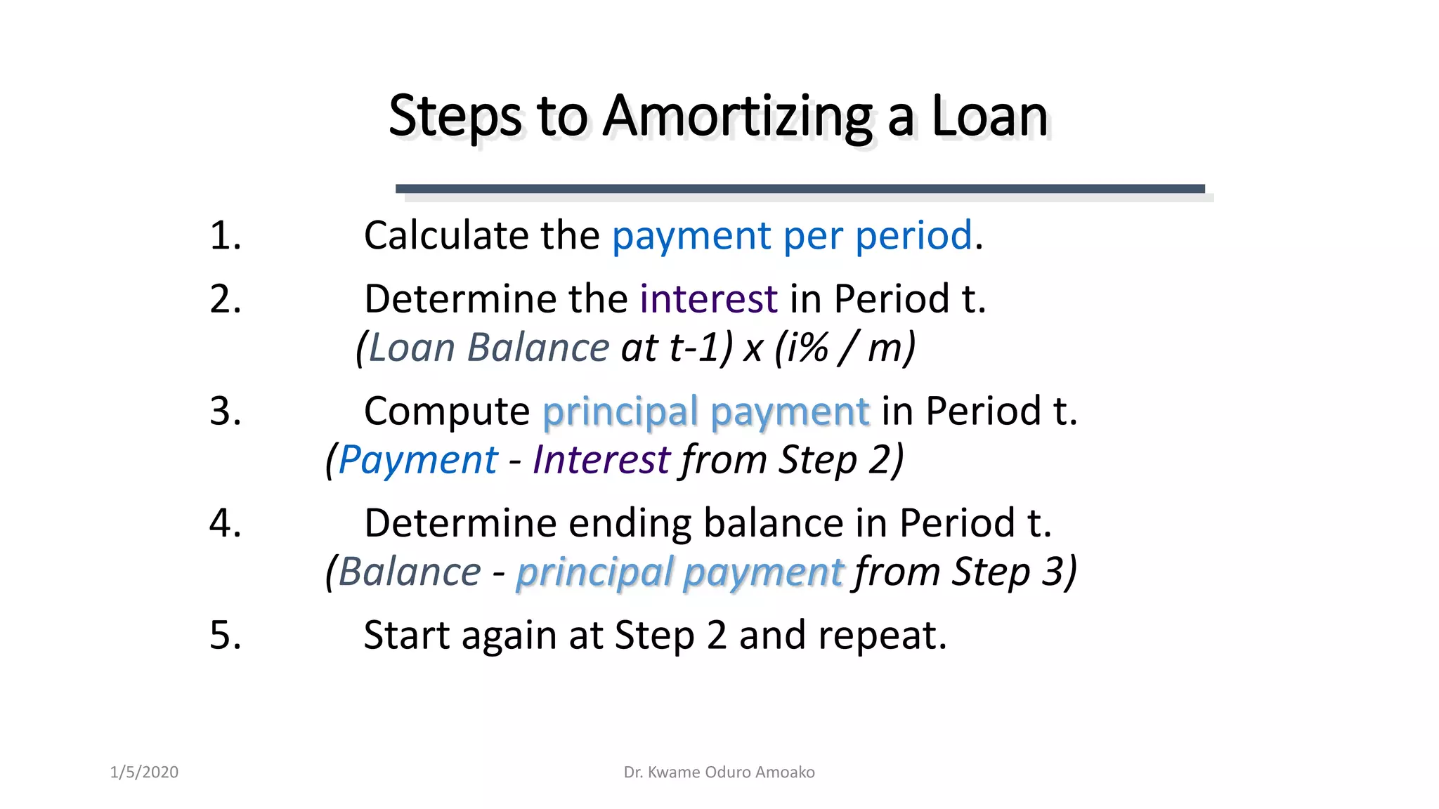 1. Calculate the payment per period.
2. Determine the interest in Period t.
(Loan Balance at t-1) x (i% / m)
3. Compute principal payment in Period t.
(Payment - Interest from Step 2)
4. Determine ending balance in Period t.
(Balance - principal payment from Step 3)
5. Start again at Step 2 and repeat.
Steps to Amortizing a Loan
Dr. Kwame Oduro Amoako1/5/2020
 