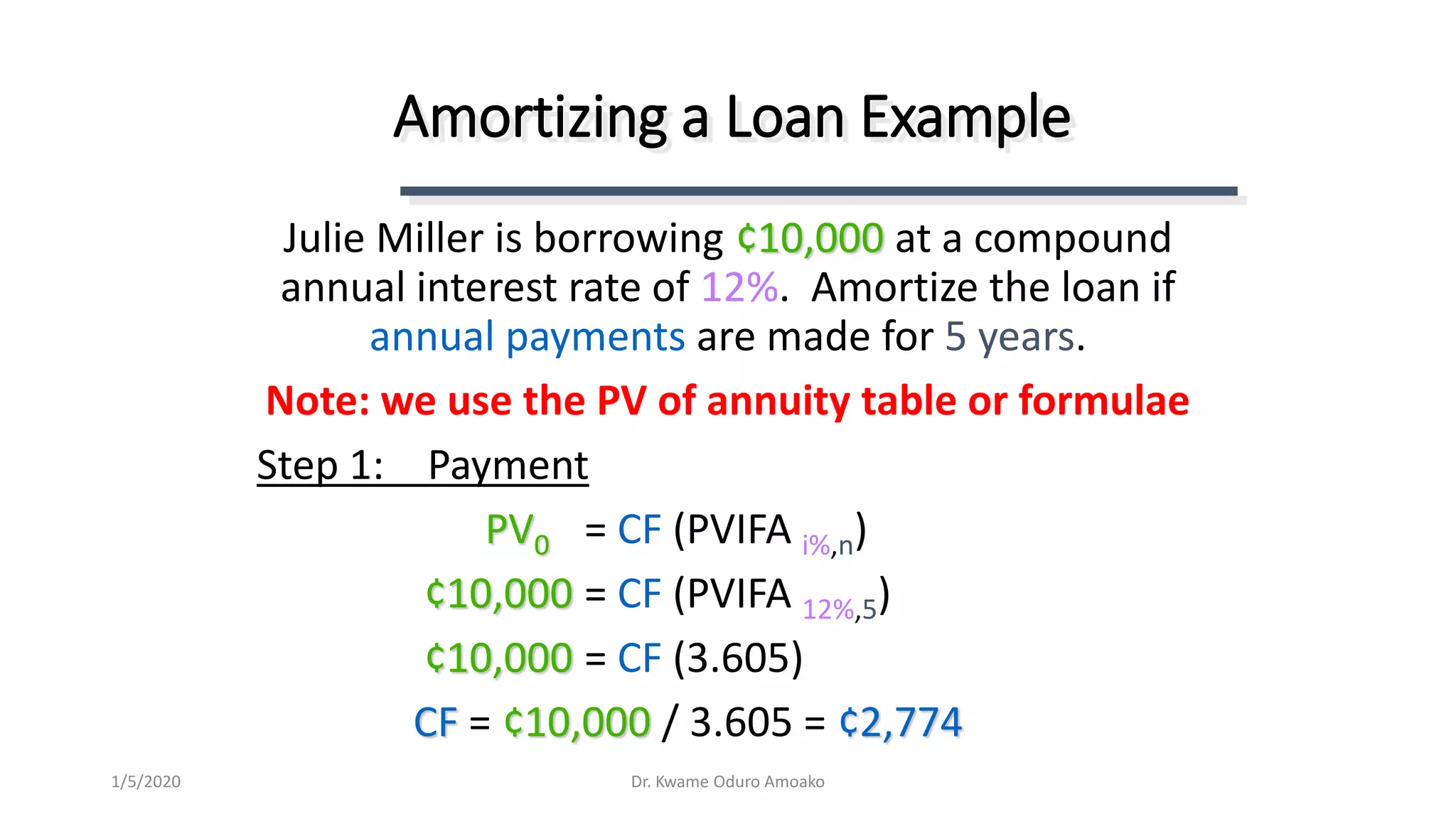 Julie Miller is borrowing ¢10,000 at a compound
annual interest rate of 12%. Amortize the loan if
annual payments are made for 5 years.
Note: we use the PV of annuity table or formulae
Step 1: Payment
PV0 = CF (PVIFA i%,n)
¢10,000 = CF (PVIFA 12%,5)
¢10,000 = CF (3.605)
CF = ¢10,000 / 3.605 = ¢2,774
Amortizing a Loan Example
Dr. Kwame Oduro Amoako1/5/2020
 