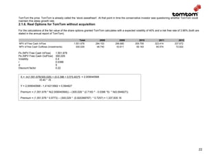 TomTom the price. TomTom is already called the ‘stock sweatheart’. At that point in time the conservative investor was questioning whether TomTom could
maintain this steep growth rate.
2.1.6. Real Options for TomTom without acquisition
For the calculations of the fair value of the share options granted TomTom calculates with a expected volatility of 40% and a risk free rate of 3.96% (both are
stated in the annual report of TomTom).

                                                     Total            2008              2009             2010              2011             2012
NPV of Free Cash InFlow                         1.551.678          284.153           296.680          309.759           323.414          337.672
NPV of free Cash Outflows (investments)           300.029           48.740            53.611           59.183            65.574           72.922

Ps (NPV Free Cash InFlow)       1,551,678
Pe (NPV Free Cash OutFlow)      300,029
Volatility                      0.4
r                               0.0396
d                               5
Discount factor                 0.22


 X = ln(1,551,678/300,029) + (0.0.396 + 0.5*0.40)*5 = 2,009040568
                √0.40 * √5

 Y = 2,009040568 - 1,414213562 = 0,594827

 Premium = (1,551,678 * N(2.009040568)) – (300,029 * (2.7183 ^ - 0.0396 *5) * N(0,594827))

 Premium = (1,551,678 * 0.9773) – (300,029 * (0.820368767) * 0.7257) = 1,337,835.16




                                                                                                                                                              22
 