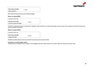Net Income (24,365)
                                  = 7.9%
 Sales (308,031)

ROE shows the same picture as the Operating Margin.

Return on equity (ROE)

 Calculation of 2007 ratio

 Net income (24,365)
                                           = 4.7%
 Common equity (523,589)

The ROE is extremely small for a company like TeleAtlas. Since this ROE is so small share holders will only invest in the company if they think the stock has
upward potential in the future.

Return on assets (ROA)

 Calculation of 2007 ratio

 Net income (24,365)
                                           = 4.0%
 Assets (614,820)

TeleAtlas has little debts so that is why the ROA shows the same trend as the ROE.

Conclusion on profit margins ratio’s
TeleAtlas future is brighten but the company is still struggling with their overall costs to turn to profit. Sales are rising but so are the costs.




                                                                                                                                                            29
 