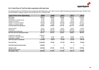 3.2.3. Cash Flow of TomTom after acquisition with bank loan
The interest payment of € 160.000 per year increases the paid interest every year, which in its turn makes the taxes paid decrease every year (160.000 *0.30)
and has therefore a negative impact on the free cash flow of € 112.000 per year.

Cash Flow from Operating                                      2008               2009              2010               2011               2012
Net Income                                                   539,813            696,358            895,482          1,148,721          1,470,749
Depreciation                                                  62,304             67,035             72,629             79,296             87,305
Amortisation of intangible assets                             21,159             26,952             34,331             43,730             55,702
Change in Provisions                                          26,275             33,468             42,631             54,303             69,171
Change in non-current liabilities                           (176,022)          (222,624)          (281,668)          (356,495)          (451,351)
Change in net working Capital                                 59,824             74,856             93,735            117,459            147,290
Cash Generated from Operations                               533,353            676,045            857,139          1,087,014          1,378,867

Interest received                                             35,347             44,306             55,574             69,754             87,609
Interest paid                                               (182,580)          (188,723)          (196,540)          (206,487)          (219,147)
Corporate income taxes paid                                  (98,149)          (140,222)          (193,706)          (261,690)          (348,099)
Net Cash Flow from Operating actvities                       287,971            391,407            522,467            688,591            899,230

Investments in associate                                   2,000,000
Investments in intangible assets                              54,433             71,323            94,543             126,599            171,027
Investments in property                                       71,566             78,493            86,817              96,882            109,123
Cash Flow used in investments                               2,125,999            149,816           181,359             223,481            280,150

Free Cash Flow                                             (1,838,028)           241,591           341,108            465,110            619,080

Cash flow from financing activities                         1,600,000                  0                  0                  0                 0

Change in cash                                              (238,028)           241,591            341,108            465,110            619,080
Effect of exchange rates                                            0                  0                  0                  0                  0
Net change in cash                                          (238,028)           241,591            341,108            465,110            619,080




                                                                                                                                                           44
 