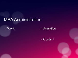 MBA Administration
 Work  Analytics
 Content
 