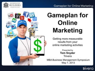Gameplan for
Online
Marketing
Getting more measurable
results from your
online marketing activities
Presented by
Tom Snyder
Trivera
MBA Business Management Symposium
May 7, 2013
 