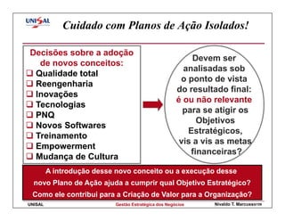 Cuidado com Planos de Ação Isolados!

Decisões sobre a adoção
                                                            Devem ser
  de novos conceitos:
                                                         analisadas sob
 Qualidade total
                                                        o ponto de vista
 Reengenharia
                                                       do resultado final:
 Inovações
                                                       é ou não relevante
 Tecnologias
                                                         para se atigir os
 PNQ
                                                             Objetivos
 Novos Softwares
                                                          Estratégicos,
 Treinamento
                                                        vis a vis as metas
 Empowerment
                                                           financeiras?
 Mudança de Cultura
         A introdução desse novo conceito ou a execução desse
  novo Plano de Ação ajuda a cumprir qual Objetivo Estratégico?
 Como ele contribui para a Criação de Valor para a Organização?
UNISAL                      Gestão Estratégica dos Negócios     Nivaldo T. Marcusso109
 