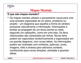 Mapas Mentais
O que são mapas mentais?
• Os mapas mentais utilizam o pensamento visual para criar
  uma amostra organizada de um plano, problema ou
  projeto – um diagrama que espelha a forma do cérebro
  processar naturalmente a informação. Informações e
  tarefas se propagam de um tema central ou meta,
  seguindo um cabeçalho, como em uma lista. Os itens
  relacionados são conectados por linhas. Novos itens
  podem ser capturados randomicamente e organizados em
  um grande diagrama, com novas idéias. As informações
  podem ser ilustradas com símbolos, palavras, cores,
  imagens, links e anexos para adicionar contexto,
  contribuindo para novas direções, claridade e grandes
  idéias.
UNISAL                Gestão Estratégica dos Negócios   Nivaldo T. Marcusso119
 