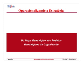Operacionalizando a Estratégia




          Do Mapa Estratégico aos Projetos
            Estratégicos da Organização




UNISAL              Gestão Estratégica dos Negócios   Nivaldo T. Marcusso   45
 