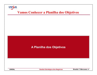 Vamos Conhecer a Planilha dos Objetivos




                 A Planilha dos Objetivos




UNISAL                Gestão Estratégica dos Negócios   Nivaldo T. Marcusso   57
 