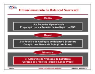 O Funcionamento do Balanced Scorecard

                               Mensal

                  1- As Reuniões Operacionais
         Preparação para a Reunião de Avaliação do BSC


                               Mensal

         2- A Reunião de Avaliação do Balanced Scorecard
             Geração dos Planos de Ação (Curto Prazo)


                            Trimestral

             3- A Reunião de Avaliação da Estratégia
           Geração dos Projetos (Médio e Longo Prazo)

UNISAL                  Gestão Estratégica dos Negócios   Nivaldo T. Marcusso   71
 