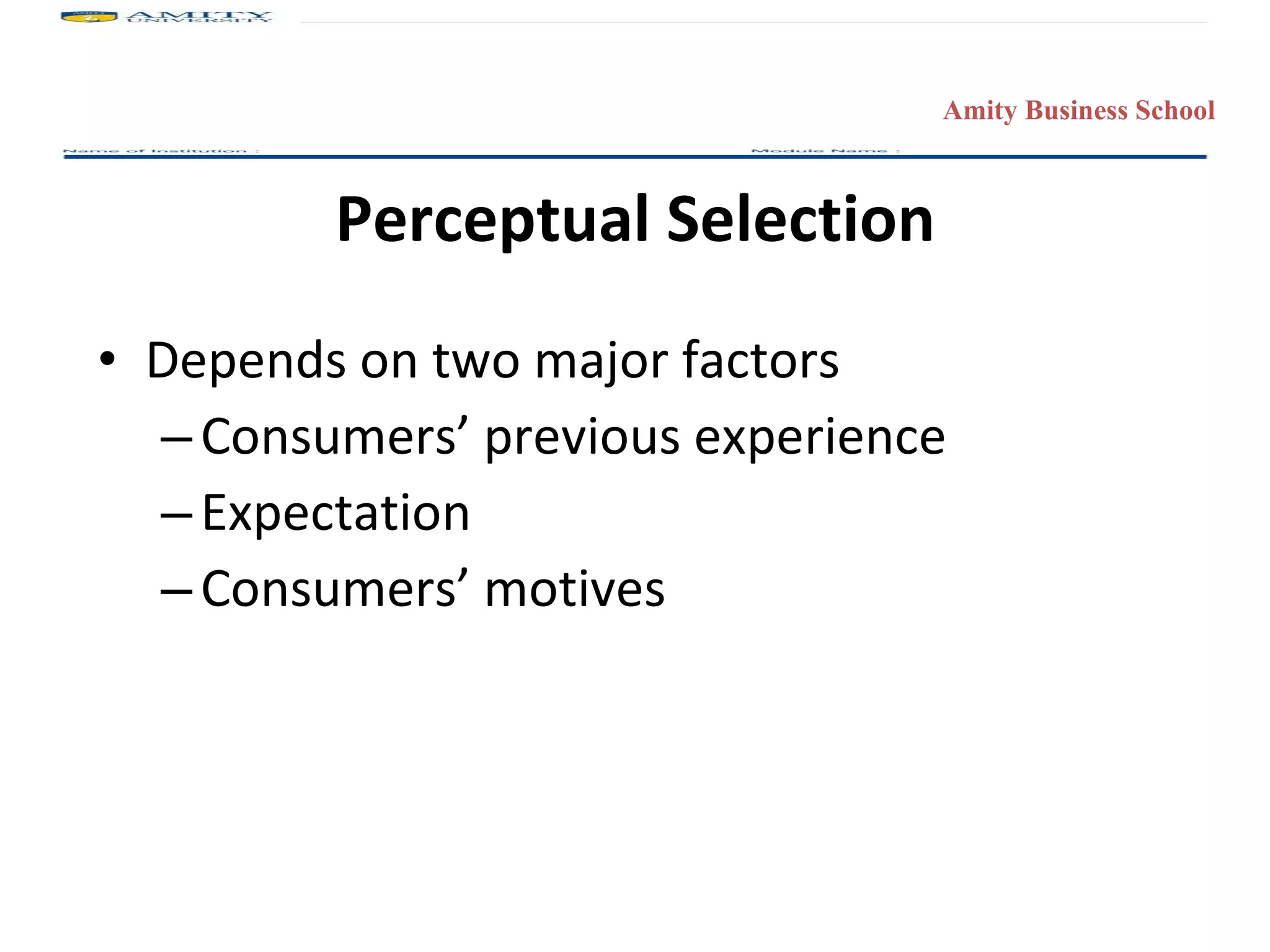 Perceptual Selection Depends on two major factors Consumers’ previous experience  Expectation Consumers’ motives 