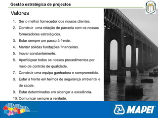 Gestão estratégica de projectos

Valores
1. Ser o melhor fornecedor dos nossos clientes.
2. Construir uma relação de parceria com os nossos
fornecedores estratégicos.
3. Estar sempre um passo à frente.
4. Manter sólidas fundações financeiras.
5. Inovar constantemente.
6. Aperfeiçoar todos os nossos procedimentos por
meio de controlo de qualidade.
7. Construir uma equipa ganhadora e comprometida.
8. Estar à frente em termos de segurança ambiental e
de saúde.
9. Estar determinados em alcançar a excelência.

10. Comunicar sempre a verdade.

 