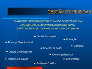 GESTÃ0 DE PESSOAS    Cultura Organizacional    Mudança Organizacional    Clima organizacional    Motivação    Gestão de Conflitos    Trabalho em Equipe    Comunicação    Liderança OS ASPECTOS COMPORTAMENTAIS E O MODO DE GESTÃO DE UMA ORGANIZAÇÃO ESTÃO INTERRELACIONADOS COM A GESTÃO DE PESSOAS, TORNANDO-A MUITO MAIS COMPLEXA    Gestão Empresarial    Relações de Poder 