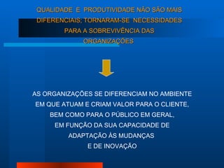 QUALIDADE  E  PRODUTIVIDADE NÃO SÃO MAIS DIFERENCIAIS; TORNARAM-SE  NECESSIDADES PARA A SOBREVIVÊNCIA DAS ORGANIZAÇÕES  AS ORGANIZAÇÕES SE DIFERENCIAM NO AMBIENTE EM QUE ATUAM E CRIAM VALOR PARA O CLIENTE, BEM COMO PARA O PÚBLICO EM GERAL, EM FUNÇÃO DA SUA CAPACIDADE DE ADAPTAÇÃO ÀS MUDANÇAS  E DE INOVAÇÃO 