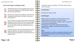 Communicating my value

Getting Started With Your MBA

Here are four steps to creating your pitch:

Let’s take a look at an example. First, let’s combine all the
Info in one spot.

Describe who you are. This should be easy since you
just spent considerable time defining that. Think of
your three key attributes.

Key Attributes:

Describe your value to your audience. Your three key
messages should help you articulate the value you
can bring them.

Key Messages:

Ensure the first two steps incorporate the uniqueness
of what you have to offer. This is a part of your value
statement but goes to prove to your audience that
you are the only one who can provide this service,
product, etc.
Describe your goal. Your pitch should indicate to your
audience what you are trying to achieve (such as
solving a particular problem) or maybe what you are
asking of them.

Page | 26

Entrepreneur, Author, Coach

Started own consulting firm of high achievers to help
other professionals achieve more in their career
Author of numerous books, colleges classes and creator of
an international writing group
Collaborates closely with individual professionals,
organizations, colleges and professional associations for
over ten years.
Goal:
Help entrepreneurs, students and graduates develop a world
class personal brand that increases their opportunities for
career growth.

Page |

 