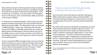 Getting Started With Your MBA

Most professionals wait until they graduate to begin answering
these questions. Unfortunately, many are unemployed, leaving
them with the only option to take the first job available. That’s
not planning. It’s reacting. It can also create a lot of problems
for you in the long run, such as demotivation, defocus and even
a loss of career mobility.
For those that are already employed, a failure to plan any postgraduate activities leaves them in the same position they had
before earning their MBA. This often leads to years in a job with
an MBA that doesn’t require one. While you may view your
pursuit of the MBA as a desirable characteristic as it makes you
appear driven and determined, a failure to plan for the use of
your MBA is seen as a lack of vision and even a lack of drive (as
you identified a need for a tool to grow your career but you fail
to do anything with it).
If you’re earning the MBA to change careers, you may not know
what to do with it. So, you do nothing in the hopes that merely
possessing the MBA will attract opportunity. This doesn’t work,
so don’t wait until you graduate to learn this lesson. A little
Planning can go a long way to improving your future.

Page | 8

Why This Guide Is Critical

“Sixty-four percent of 2012 MBA grads landed
in industries that were new to them.”*
Even if you don’t know what path you will take, utilizing your
MBA to attract future options requires intentional effort. It’s
more than putting your diploma in a picture from on the wall
or updating your resume with a new line under the education
section.
No matter what you plan on doing after you graduate, you must
show companies that you’ve already made the transition. For
example, if you want to be a leader, you better have been a
leader in student or professional organizations, or even some
community groups. The point is that you have to possess
proof that you’re a leader. College gives you opportunities to
do that. It’s great fodder for your resume and stories for your
interview. If you wait until you’ve graduated, you can prove
you’re a leader? You can say it, but no one will believe it
without some validation.
*Source: BloombergBusinessweek, “More MBA Grads Are Switching Careers as Job Market
Improves, ”April 18, 2013

Page |

 