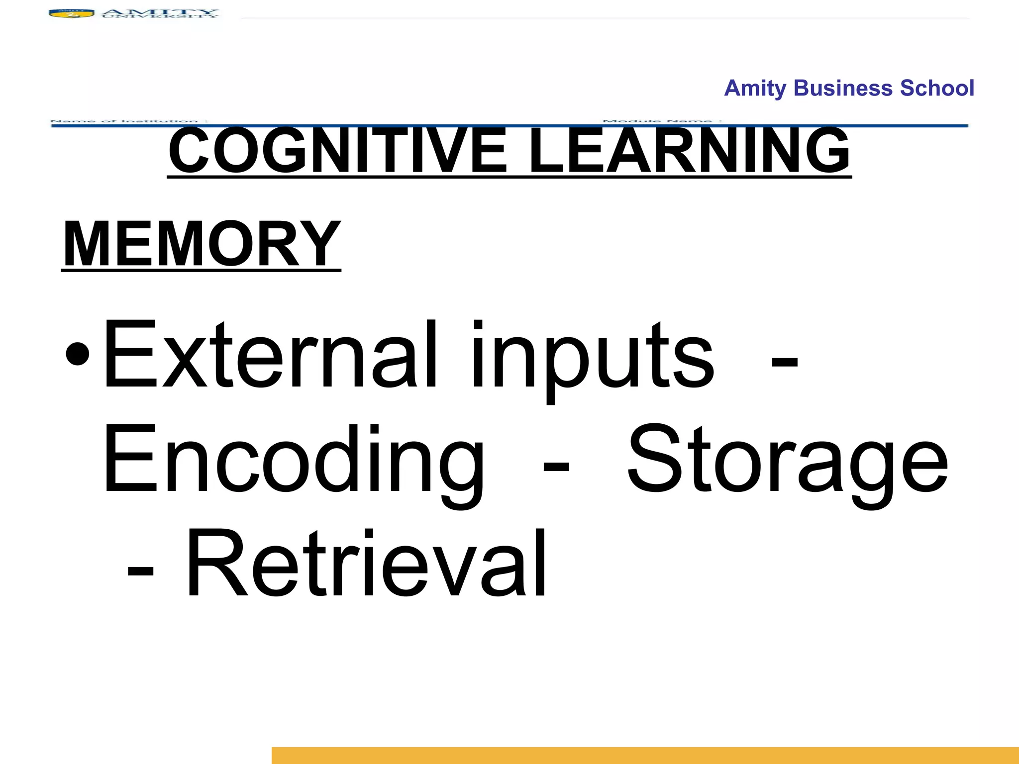 COGNITIVE LEARNING MEMORY External inputs  -  Encoding  -  Storage  - Retrieval  