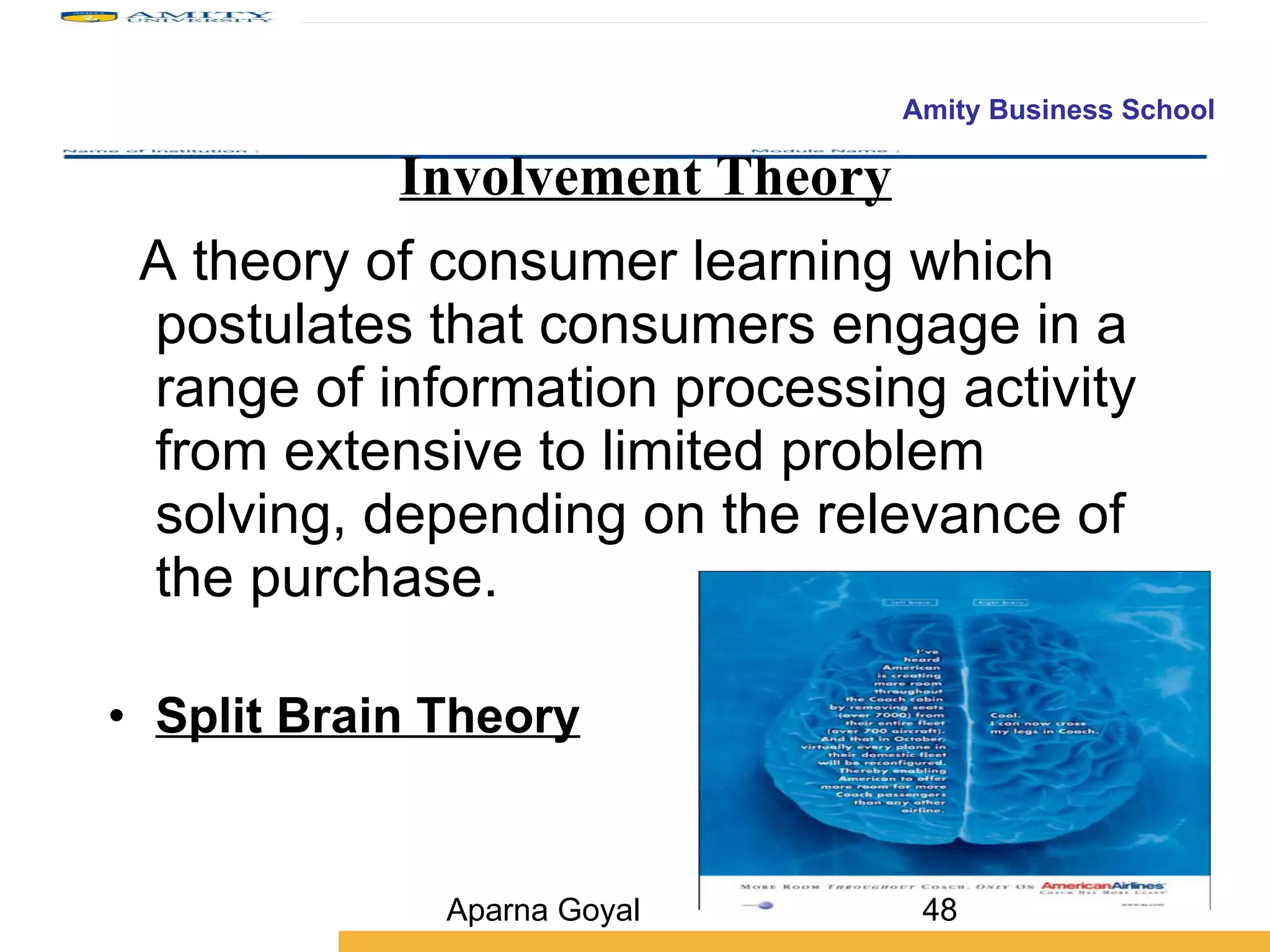 Involvement Theory A theory of consumer learning which postulates that consumers engage in a range of information processing activity from extensive to limited problem solving, depending on the relevance of the purchase. Split Brain Theory Aparna Goyal 