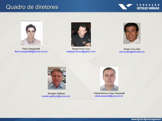 Quadro de diretores




           Flavio Margaritelli                            Sergio Pucci Cruz                            Sergio Cruz Abe
   flavio.margaritelli@dorma.com.br                  sergiopuccicruz@yahoo.com                     sercruzabe@hotmail.com




                                   Ronaldo Gallinari                        Rafael Moreno Saes Passarelli
                             ronaldo.gallinari@uol.com.br                    rafael.passarelli@uol.com.br
 