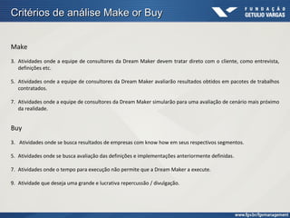 Critérios de análise Make or Buy


Make
3. Atividades onde a equipe de consultores da Dream Maker devem tratar direto com o cliente, como entrevista,
   definições etc.

5. Atividades onde a equipe de consultores da Dream Maker avaliarão resultados obtidos em pacotes de trabalhos
   contratados.

7. Atividades onde a equipe de consultores da Dream Maker simularão para uma avaliação de cenário mais próximo
   da realidade.


Buy
3. Atividades onde se busca resultados de empresas com know how em seus respectivos segmentos.

5. Atividades onde se busca avaliação das definições e implementações anteriormente definidas.

7. Atividades onde o tempo para execução não permite que a Dream Maker a execute.

9. Atividade que deseja uma grande e lucrativa repercussão / divulgação.
 