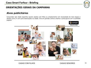 Caso Smart Forfour - Briefing
ORIENTAÇÕES GERAIS DA CAMPANHA
Alvos publicitários
Consumidor sem idade específica (jovens adultos com filhos ou simplesmente com necessidade de mais espaço e
adultos como 2º carro para deslocações na cidade. Vive em grandes centros urbanos e preocupa-se com a qualidade
pagável.

34

 