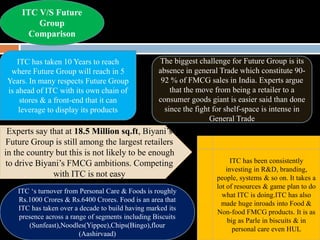 ITC V/S Future
Group
Comparison
ITC has taken 10 Years to reach
where Future Group will reach in 5
Years. In many respects Future Group
is ahead of ITC with its own chain of
stores & a front-end that it can
leverage to display its products
The biggest challenge for Future Group is its
absence in general Trade which constitute 90-
92 % of FMCG sales in India. Experts argue
that the move from being a retailer to a
consumer goods giant is easier said than done
since the fight for shelf-space is intense in
General Trade
Experts say that at 18.5 Million sq.ft, Biyani’s
Future Group is still among the largest retailers
in the country but this is not likely to be enough
to drive Biyani’s FMCG ambitions. Competing
with ITC is not easy
ITC has been consistently
investing in R&D, branding,
people, systems & so on. It takes a
lot of resources & game plan to do
what ITC is doing.ITC has also
made huge inroads into Food &
Non-food FMCG products. It is as
big as Parle in biscuits & in
personal care even HUL
ITC ‘s turnover from Personal Care & Foods is roughly
Rs.1000 Crores & Rs.6400 Crores. Food is an area that
ITC has taken over a decade to build having marked its
presence across a range of segments including Biscuits
(Sunfeast),Noodles(Yippee),Chips(Bingo),flour
(Aashirvaad)
 