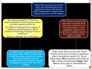 When PVR surveyed Tier II & III
cities, they found that there is an
appetite for cinema. The need for
better entertainment is higher in these
areas as they have very few options
PVR Cinemas is not the only
chain that is travelling far &
wide in the country to scout
for fresh territory to set up
multiplexes. Almost every
well known multiplex brand in
the country is moving into
small town India
Today many films are not only shot in
smaller towns but even form a significant
part of promotions spends. Ex: Aamir
Khan began PK promotions from Patna &
SRK extensively promoted Happy New
Year in cities such as Ahmedabad &
Indore
A KPMG report suggests that while
the metros & the NCR contribute 60%
of total box-office collections in India,
they have reached a point of
saturation & the next phase of growth
is expected to come from Tier II & III
centres
The markets targeted by PVR are not
entirely dependent on farm incomes as there
are other customer profiles too.
Ex: Bhilai in Chattisgarh has a number of
students in institutions(such as Bhilai
Institute of Technology & Rungta Group of
Institutions)
Bokaro in Jharkand has a steel factory
 