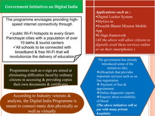 Government Initiatives on Digital India
The programme envisages providing high-
speed internet connectivity through
public Wi-Fi hotspots to every Gram
Panchayat cities with a population of over
10 lakhs & tourist centers
All schools to be connected with
broadband & free Wi-Fi that will
revolutionize the delivery of education
Applications such as ;
Digital Locker System
MyGov.in
Swachh Bharat Mission Mobile
App
E-Sign framework
(All the above will allow citizens to
digitally avail these services online
or on their smartphones )
Programmes such as e-sign are aimed at
eliminating difficulties faced by ordinary
citizens in accessing & providing copies
their own documents & certificates
The government has already
introduced some of the
initiatives like;
eHospitals that provides
important services such as on
line registration
 Payment of fees &
appointment
Online diagnostic reports
Enquiry about availability
of blood
(The above initiatives will at
par with many private
hospitals)
According to Industry veterans &
analysts, the Digital India Programme is
meant to connect many dots physically as
well as virtually
 